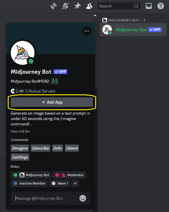 Midjourney bot Add App option
