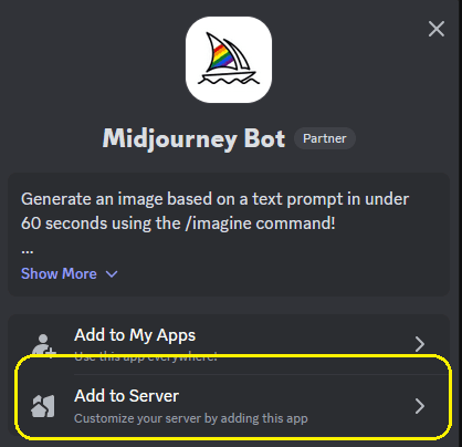Midjourney bot Add Server option