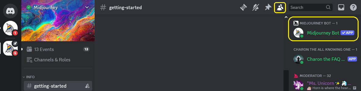 Midjourney bot in the member list